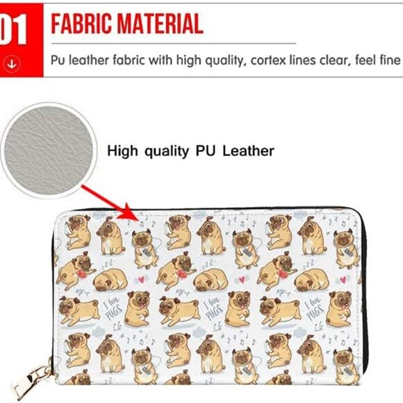 Cute Pug Dog Faux Leather Wallet Unisex Card Phone Coin Purse Gift - Picture 5 of 9